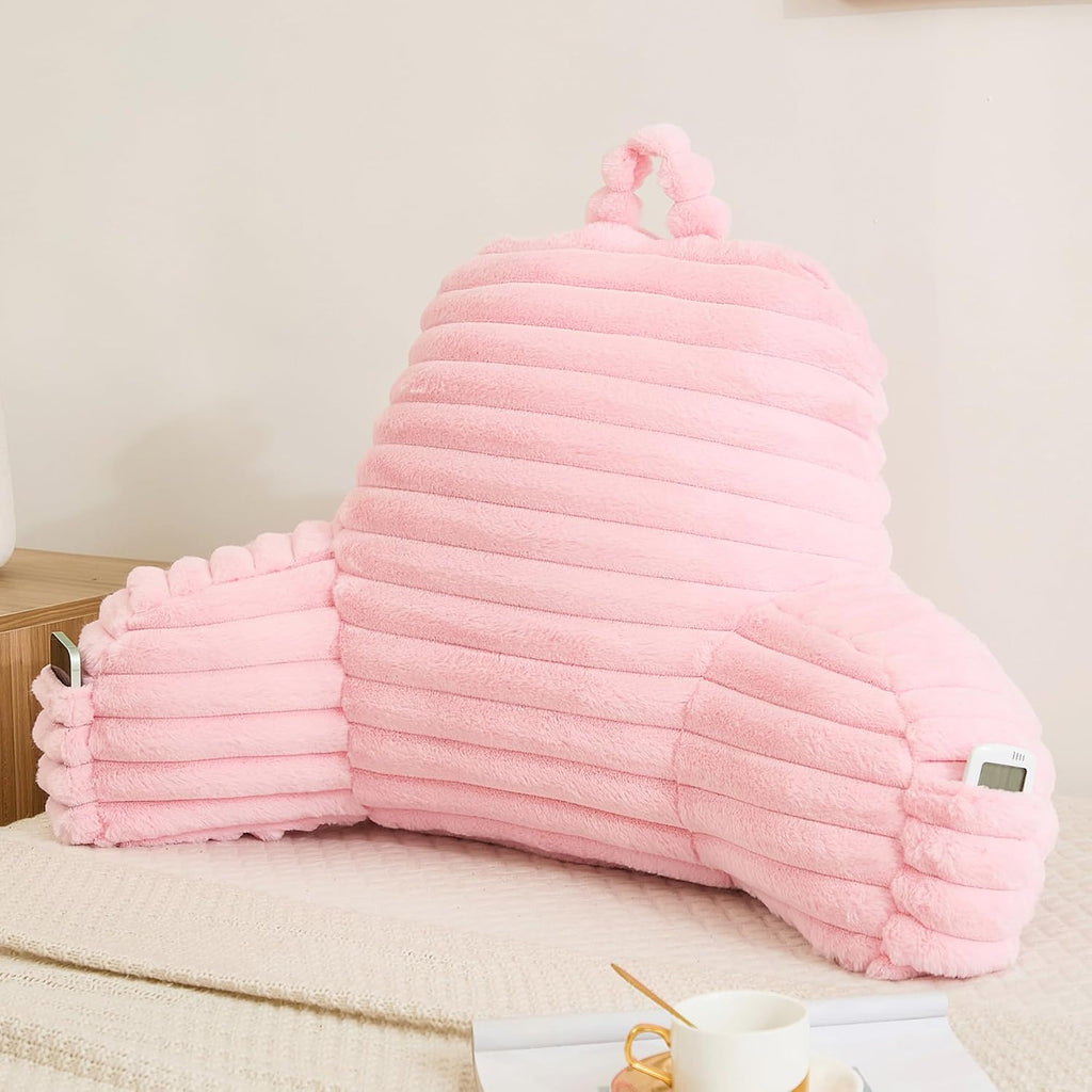 Memfydu Faux Fur Fluffy Pink Reading Pillow with Pockets, Luxury Striped Plush Decorative, Arm Rests and Back Support for Bed Rest, Loungin…