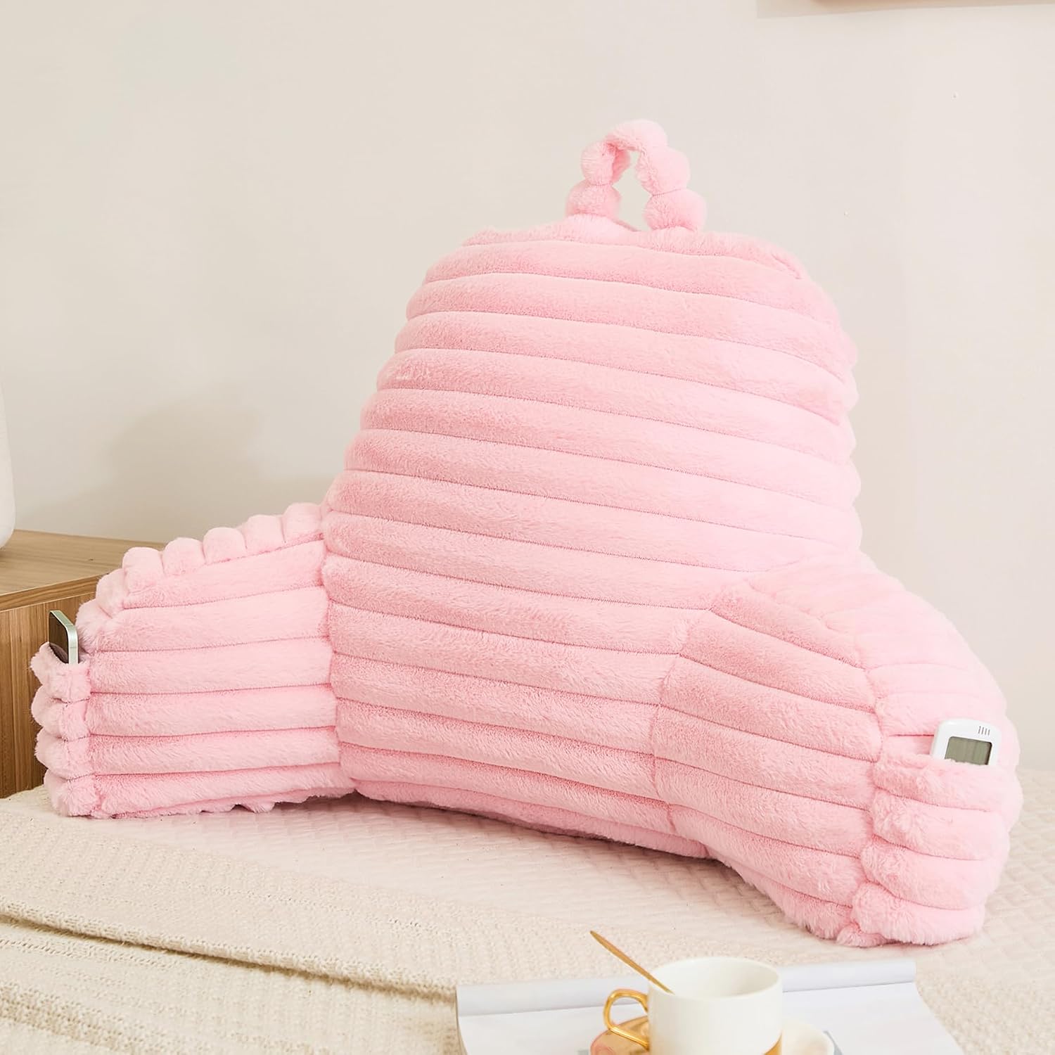 Memfydu Faux Fur Fluffy Pink Reading Pillow with Pockets, Luxury Striped Plush Decorative, Arm Rests and Back Support for Bed Rest, Loungin…
