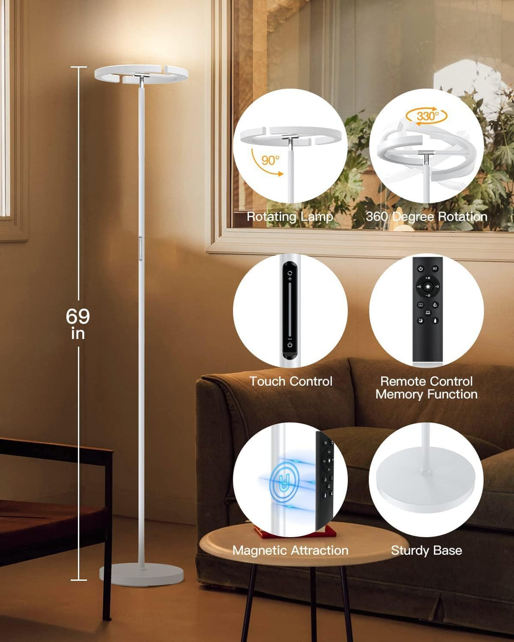 SIBRILLE White Floor Lamp, Modern Stepless Dimmable Standing Lamp 3000-6000K, 20W LED Rotatable Reading Tall Lamp, Touch & Remote Control…