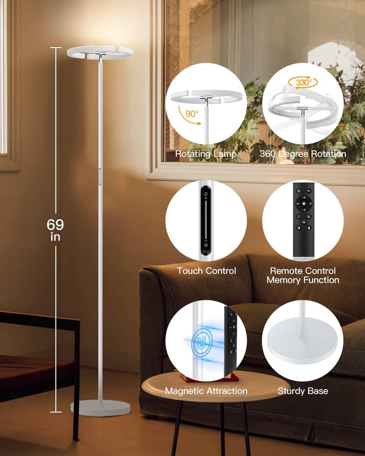 SIBRILLE White Floor Lamp, Modern Stepless Dimmable Standing Lamp 3000-6000K, 20W LED Rotatable Reading Tall Lamp, Touch & Remote Control…