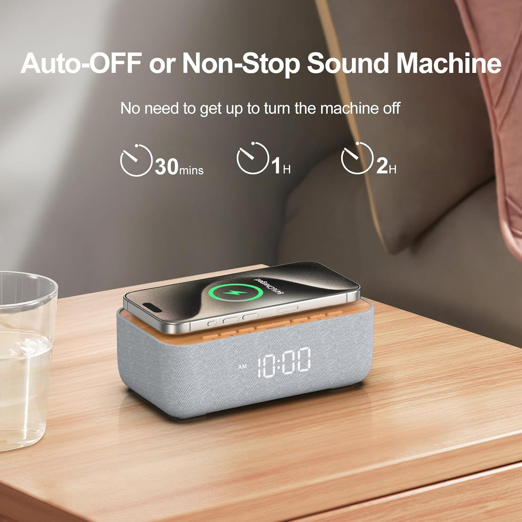 REACHER 15W Fast Magnetic Wireless Charging Alarm Clock with White Noise Machine, Woodgrain Style, 20 High‐Fidelity Sounds, Gradual Wake…