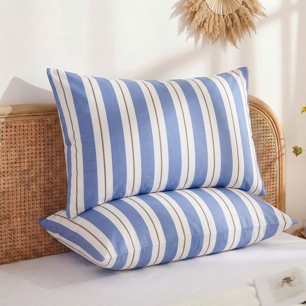 Merryword Blue and White Striped Pillowcases, Standard Size Pillowcases, 100% Cotton Pillow Cases, Soft Breathable Wide Stripes Pillow Cove…
