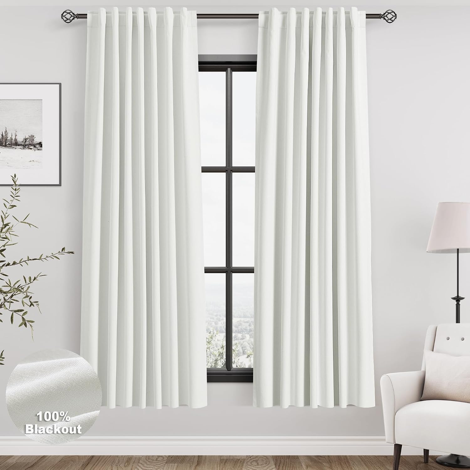 Nanspring Ivory 100% Blackout Linen Curtains for Bedroom 72 Inches Long Back Tab Thermal Insulated Rustic Modern Farmhouse Decor Black Out…