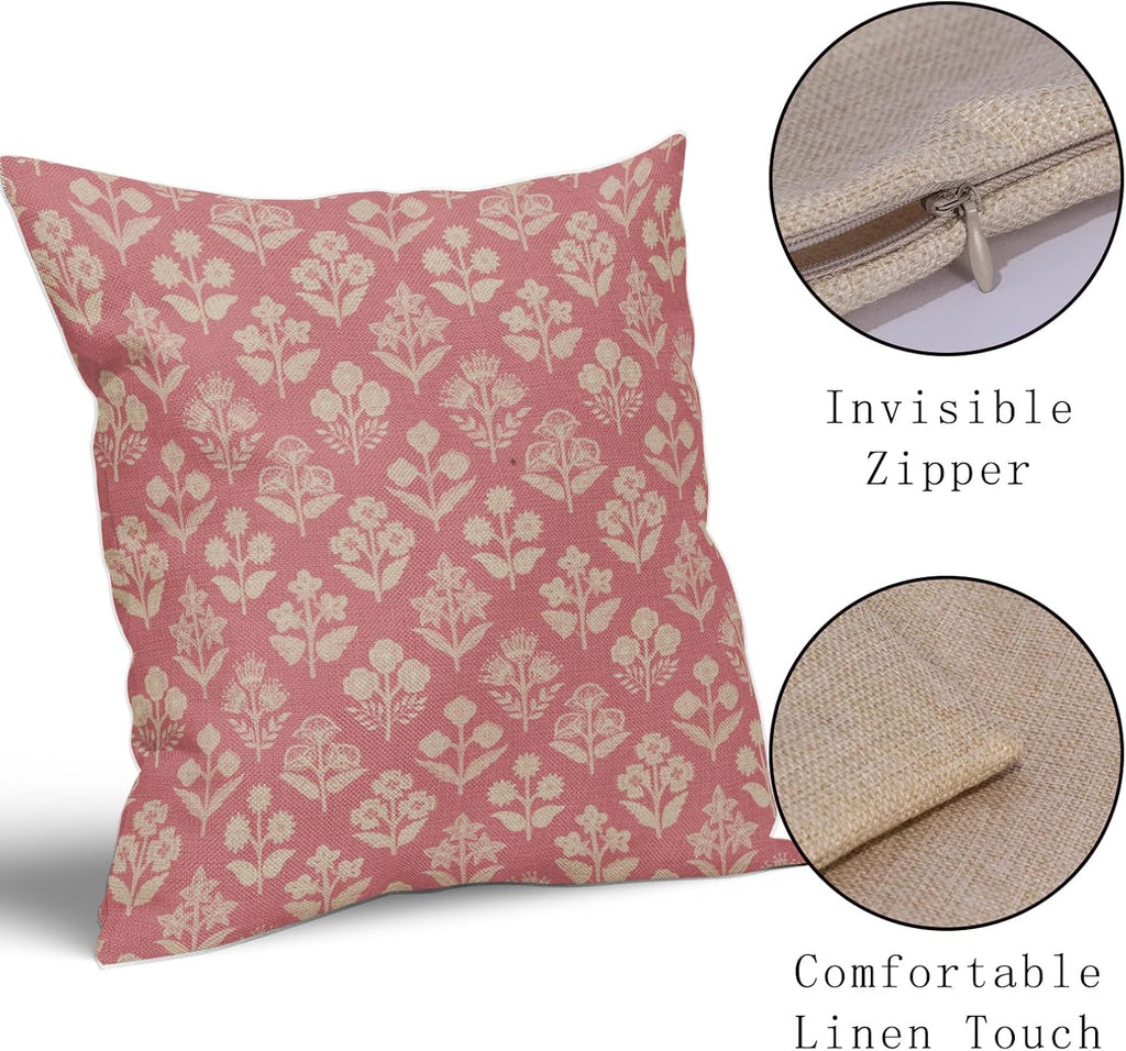 Pink Floral Block Print Pillow Covers 18x18 Inch Set of 2, Vintage Flower Pattern Decorative Throw Pillowcases Outdoor Farmhouse Cushion…