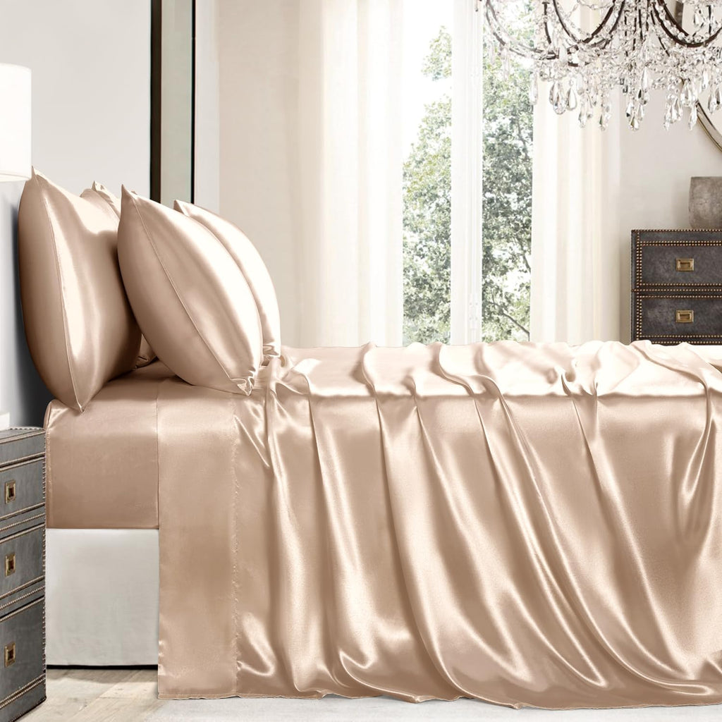 Golal Satin Sheets King Size - 6 Pieces Luxury Silky Soft Bed Sheets, Wrinkle-Free Champagne Satin Silk Sheet Set with 1 Deep Pocket Fitted…