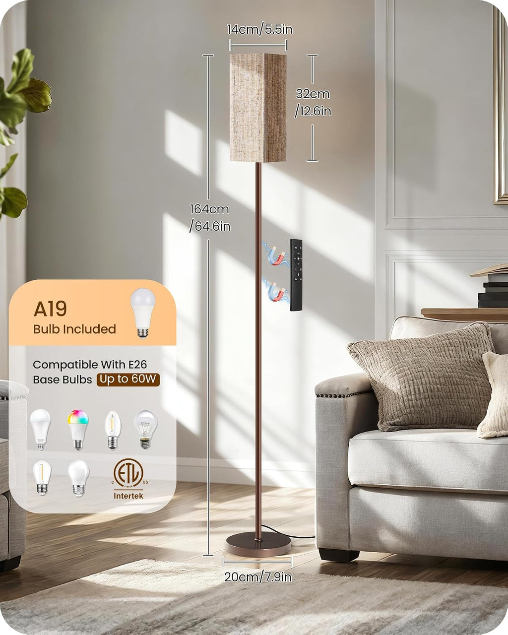64.2'' Dimmable Floor Lamp for Living Room with Remote and Foot Switch, Corner Floor Lamp for Bedroom, Includes 10W A19 Bulb, Modern…