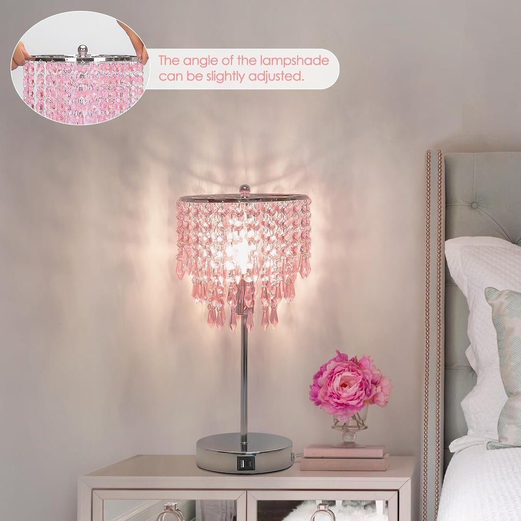 Crystal Touch Control Table Lamp with Dual USB Charging Ports, 3 Way Dimmable Bedside Lamp with Pink Shade, Decorative Nightstand Lamp…