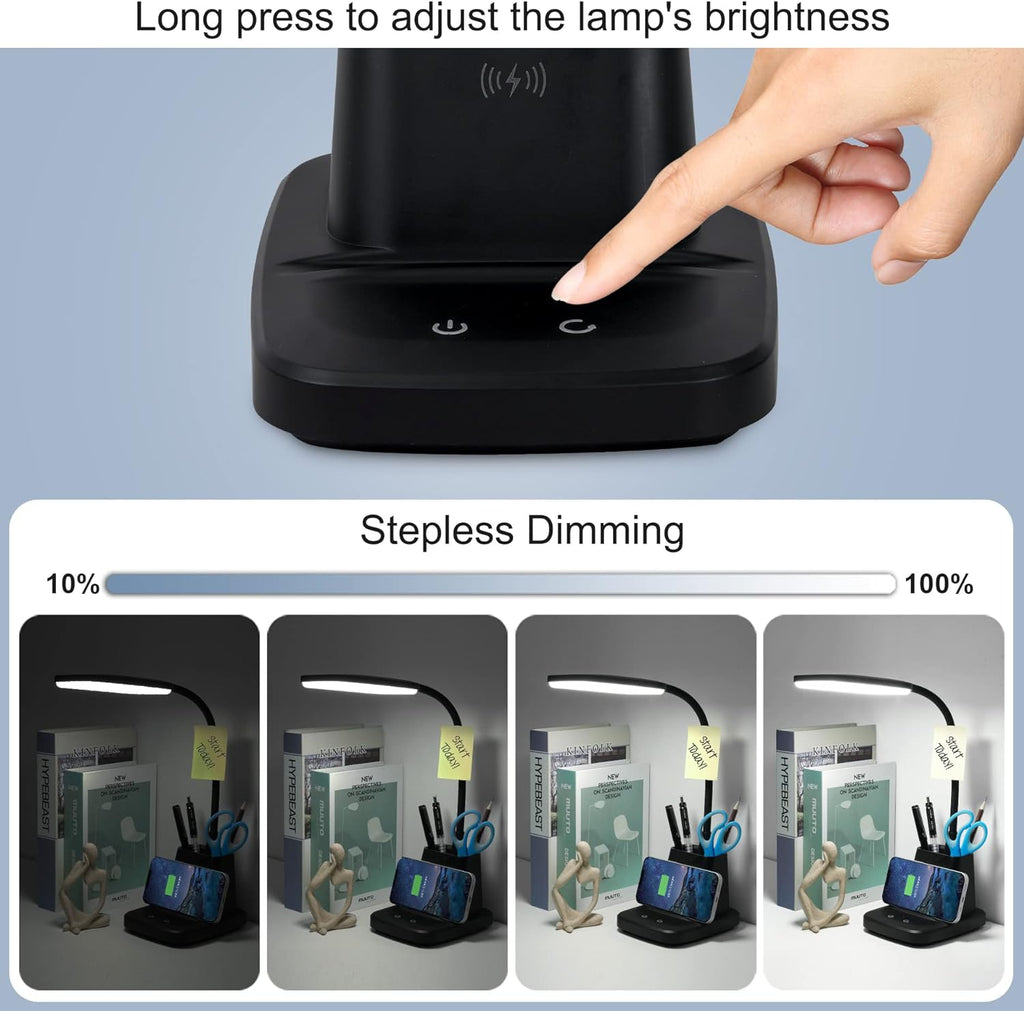 Desk Lamp, LED Desk Lamps for Home Office, Wireless Charger Small Desk Lamp with Pen Holder, 3 Color Modes, Dimmable, CRI 85, 800LM…
