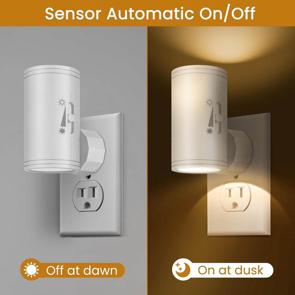 4 Pack LED Plug-in Wall Night Light with Dimmable 0-300 Lumens, 3000K Soft White, Auto On/Off Light Sensor & Adjustable Head for Hallway…