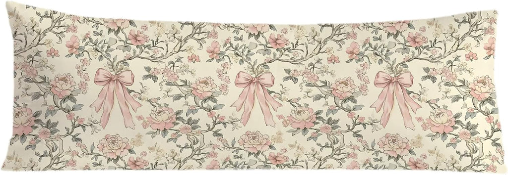 Coquette Chinoiserie Pink Floral Bow Body Pillow Covers 20x54, Grandmillennial Home Decor, Girly Aesthetic Pink Flower Long Body Pillow…