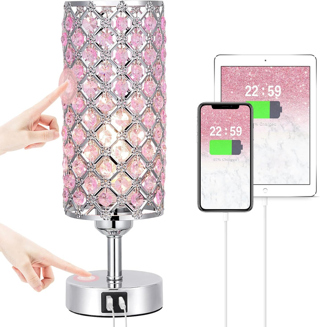 Hong-in Crystal Table Lamp, Pink Touch Lamp with USB C+A Ports, 3 Way Dimmable Bedroom Light with Crystal Shade, Bedside Nightstand Small…