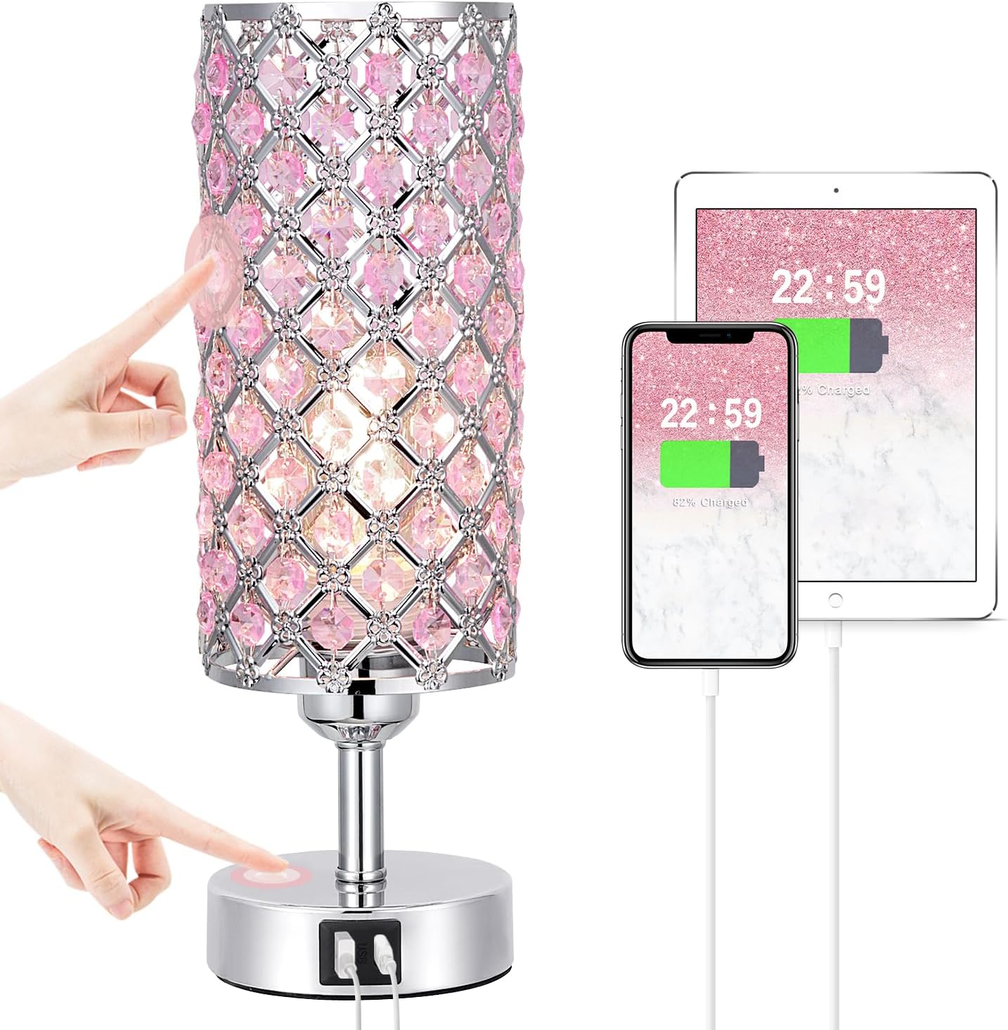 Hong-in Crystal Table Lamp, Pink Touch Lamp with USB C+A Ports, 3 Way Dimmable Bedroom Light with Crystal Shade, Bedside Nightstand Small…