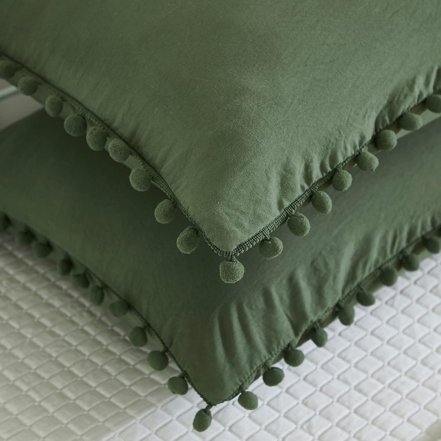 Moveover Dark Green Pom Poms Pillowcases King, Green Pillowcases Set of 2, 100% Soft Washed Microfiber, Army Green Ball Fringe Pillow Cover…
