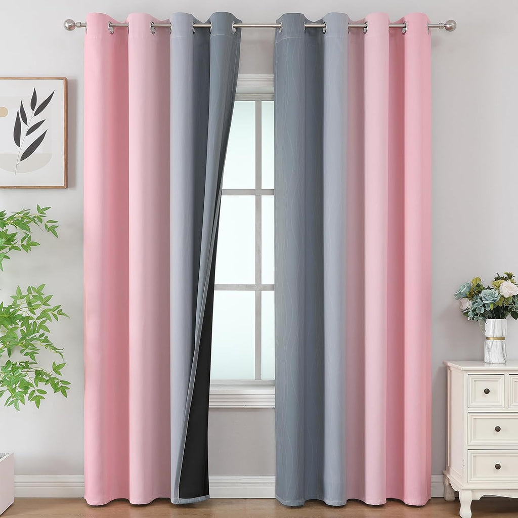 Estelartextiler Ombre Pink and Gray Blackout Curtains 96 Inches Long, Full Room Darkening Curtains for Bedroom, Grommet Thermal Insulated G…