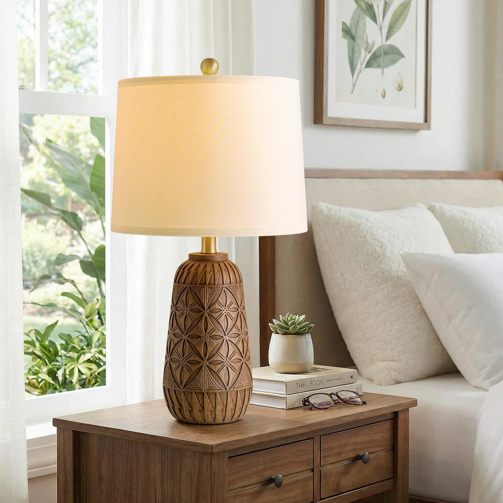 BOBOMOMO 24" Modern Farmhouse Table Lamp, Geometric Hand-Carved Resin Bedside Lamp with Wood Grain Finish, Rustic Nightstand Lamp for…