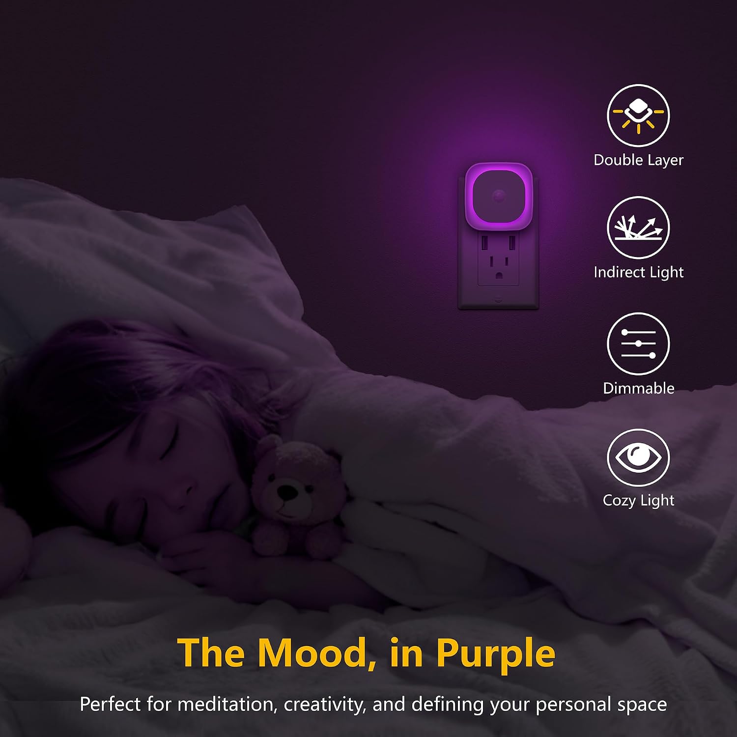 Yunlex 2 Pack Plug in Night Light with Motion Sensor & Dusk to Dawn Sensor, 3 Sensor Modes, Purple Lights Plug into Wall, Dimmable Calming…