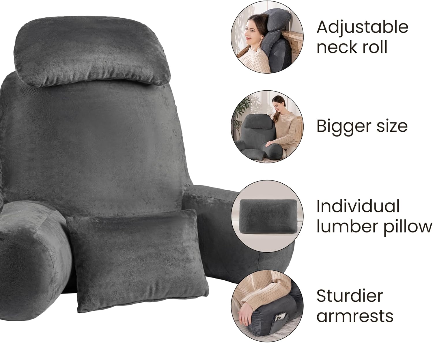 NOONTIDE Reading Pillow for Sitting up in Bed and Couch,32" X-Large Back Pillow for Adult & Teens with Soft Adjustable Neck Roll Backrest…