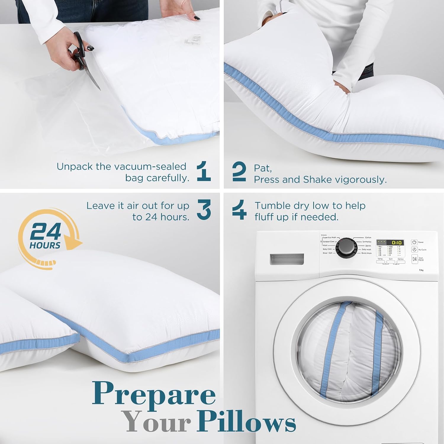 viewstar Bed Pillows Queen Size Set of 2, Firm Support Down Alternative Gusseted Pillows for Side, Back, or Stomach Sleepers, Light Blue