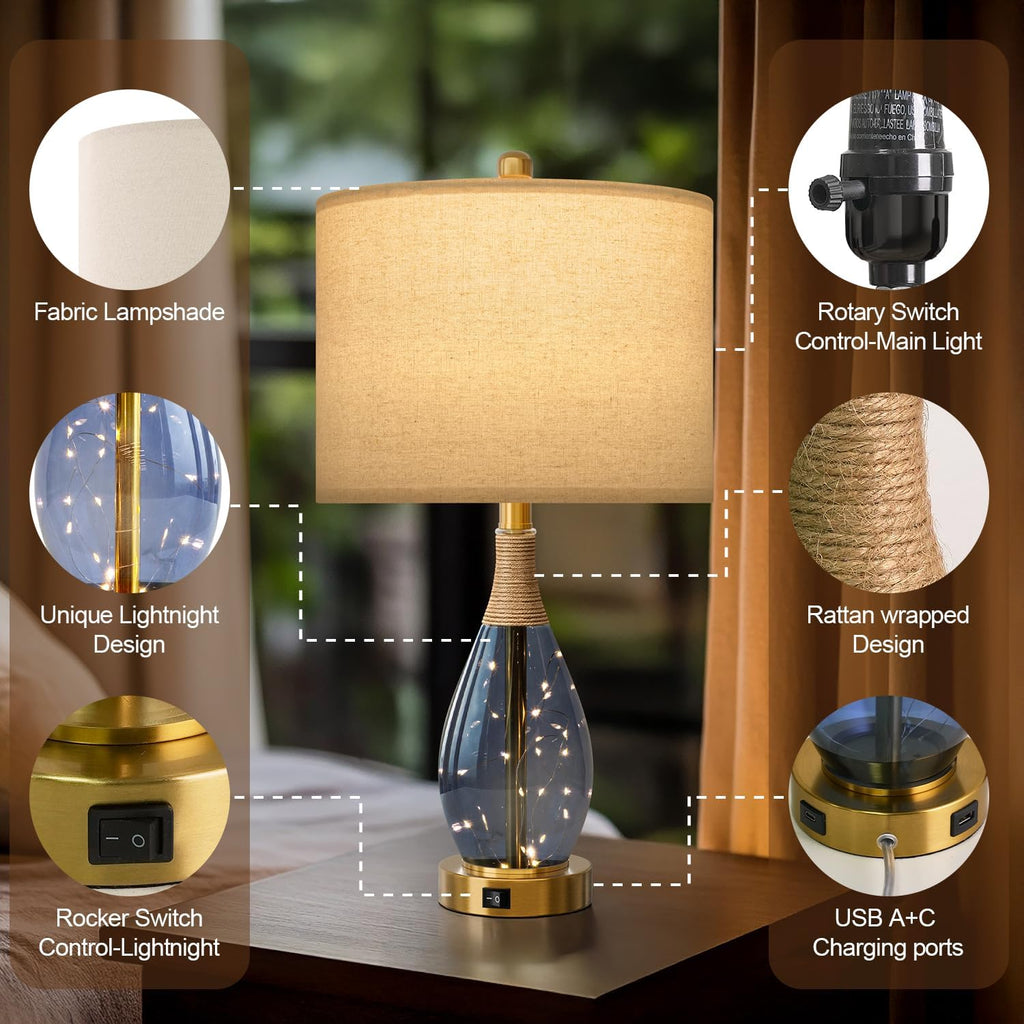 OYEARS 23" Table Lamps for Living Room Set of 2 Bedside Lamps for Night Stands Bedroom Lamps Farmhouse Rattan Boho Lamp Glass Nightlight…