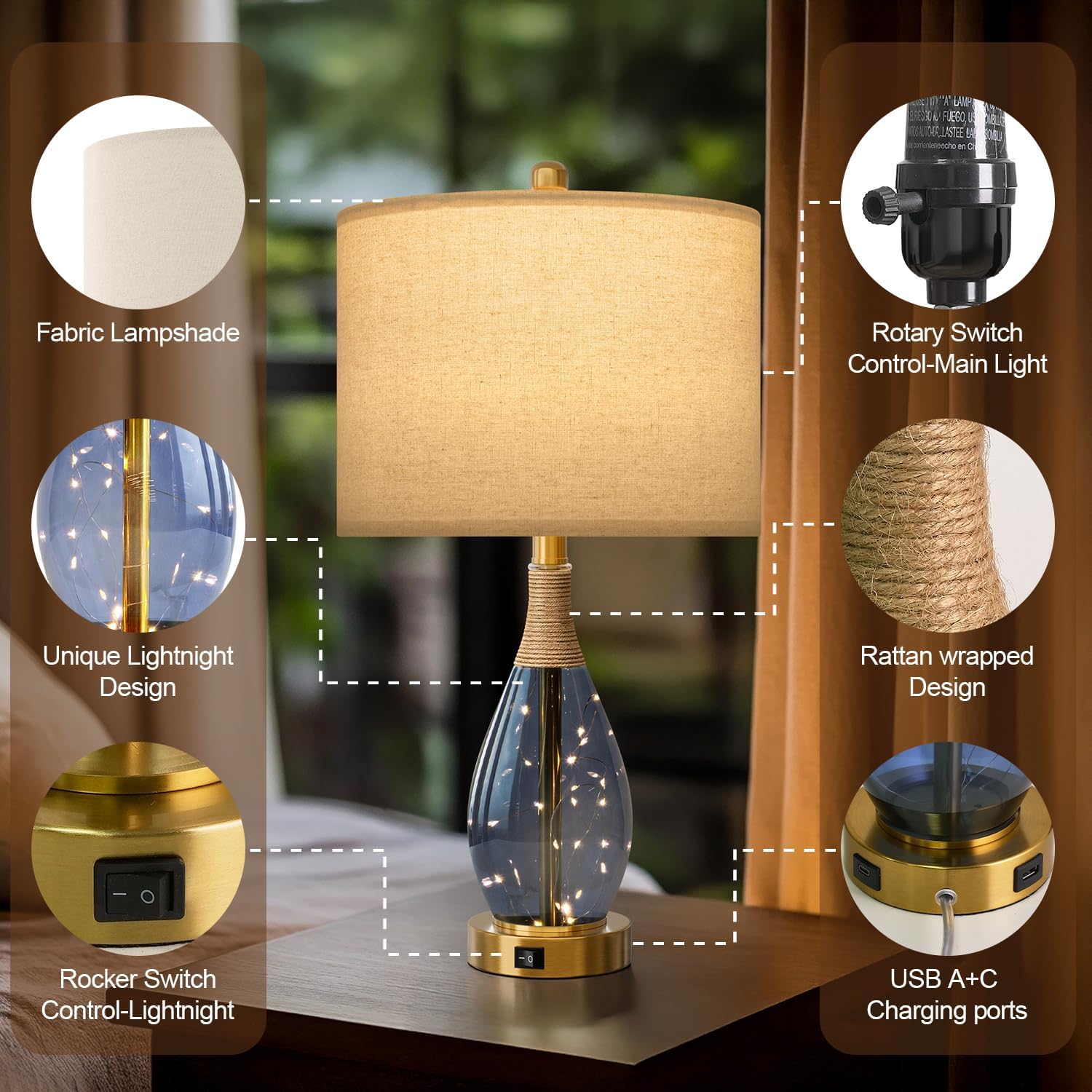 OYEARS 23" Table Lamps for Living Room Set of 2 Bedside Lamps for Night Stands Bedroom Lamps Farmhouse Rattan Boho Lamp Glass Nightlight…