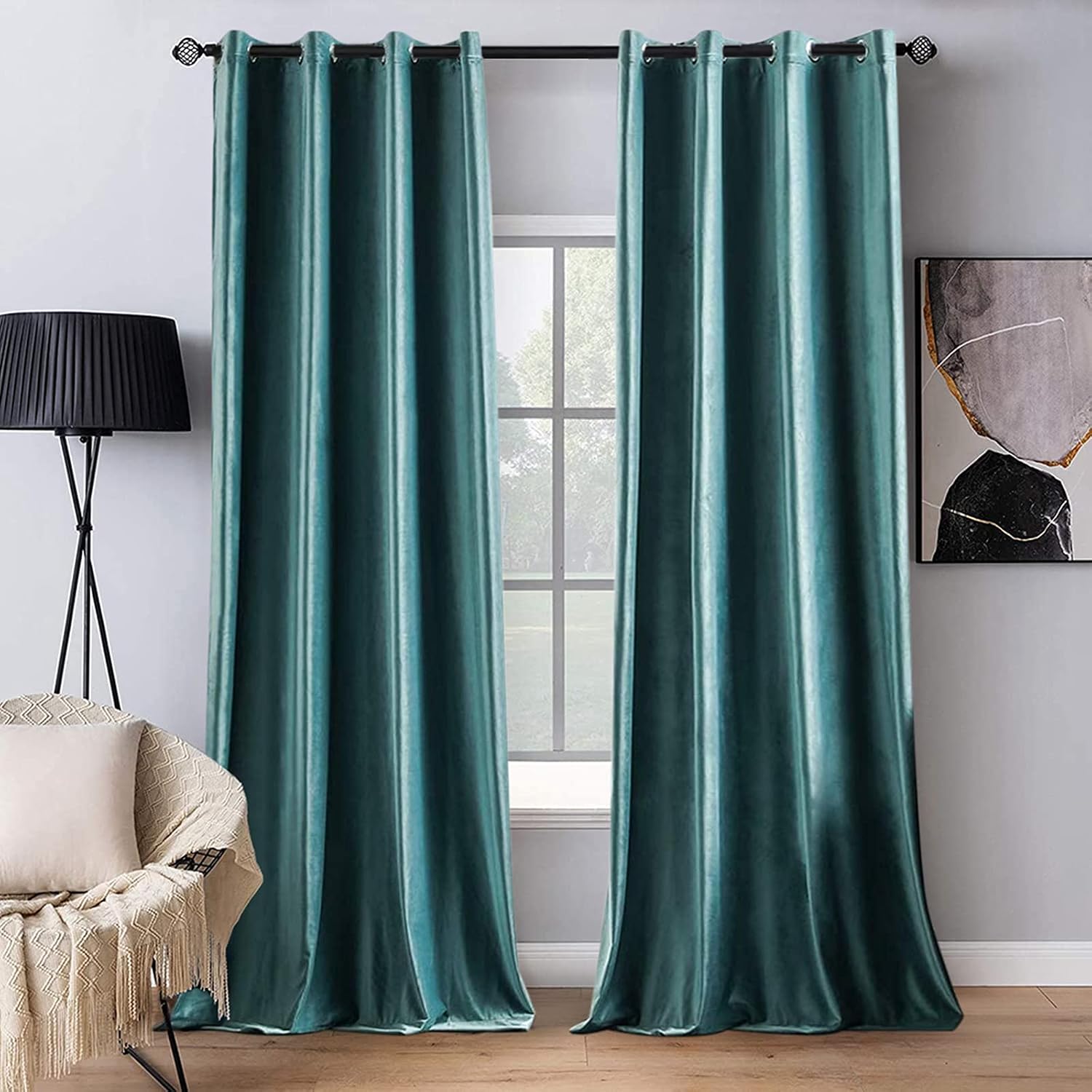 MIULEE 2 Panels Blackout Velvet Curtains Solid Soft Grommet Teal Curtains Thermal Insulated Soundproof Room Darkening…