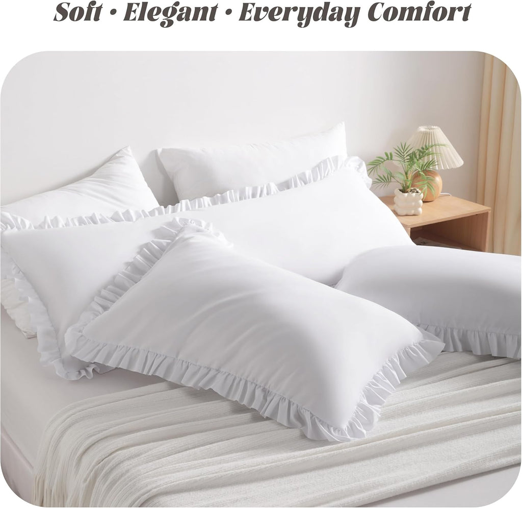 Bedsum Ruffled Pillow Shams Queen 20x30 Set of 2, Brushed Microfiber Pillowcases with Envelope Closure, Soft Wrinkle-Resistant, White White
