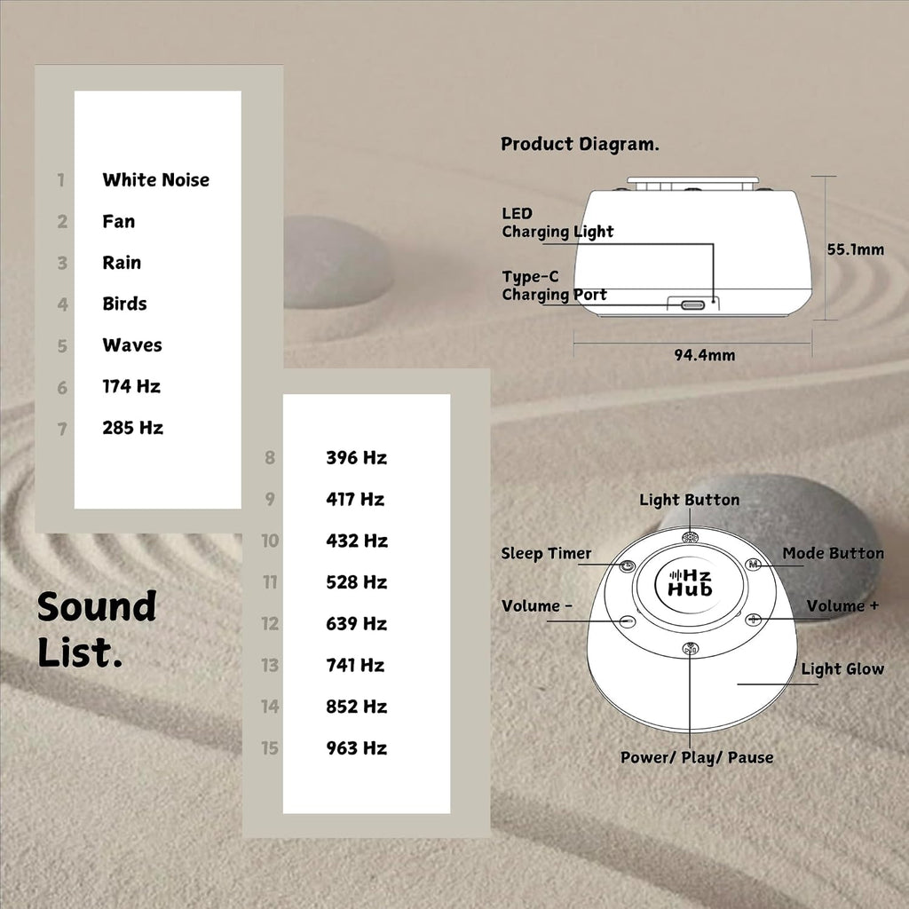 HzHub Solfeggio Frequency Sound Machine — 432 Hz, 528 Hz & 10 Healing Frequencies + White Noise | Portable Frequency Generator for Healing,…