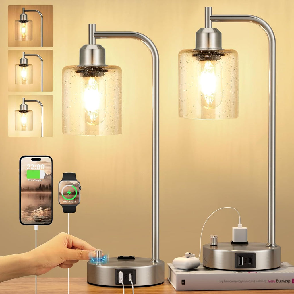 Industrial Table Lamps for Bedrooms Set of 2 - Fully Dimmable Bedside Lamps with USB A and C Ports and Outlet, Nickel Nightstand Lamps…