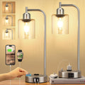 Industrial Table Lamps for Bedrooms Set of 2 - Fully Dimmable Bedside Lamps with USB A and C Ports and Outlet, Nickel Nightstand Lamps…