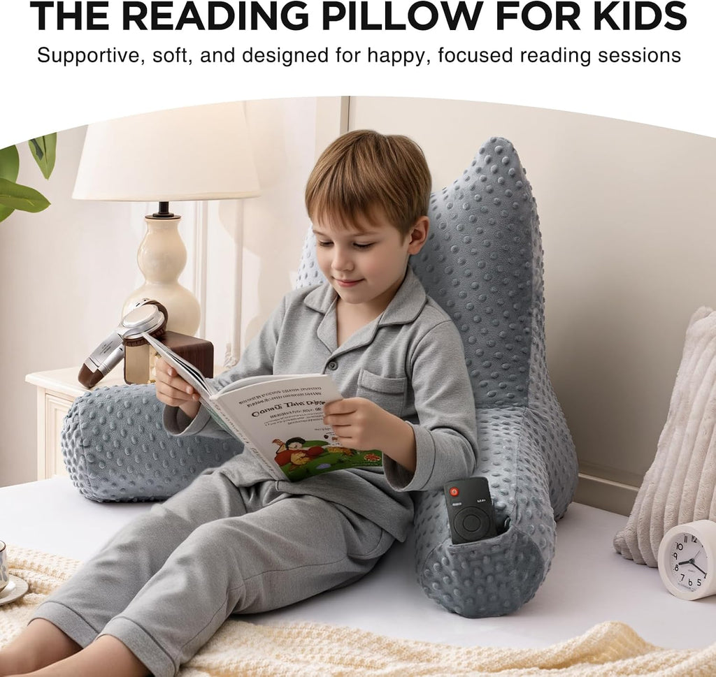 Reading Pillow for Kids Sitting in Bed Couch Adult, Back Pillow for Bed Sitting Up, Back-Rest Support Cushion with Pockets and Arms…