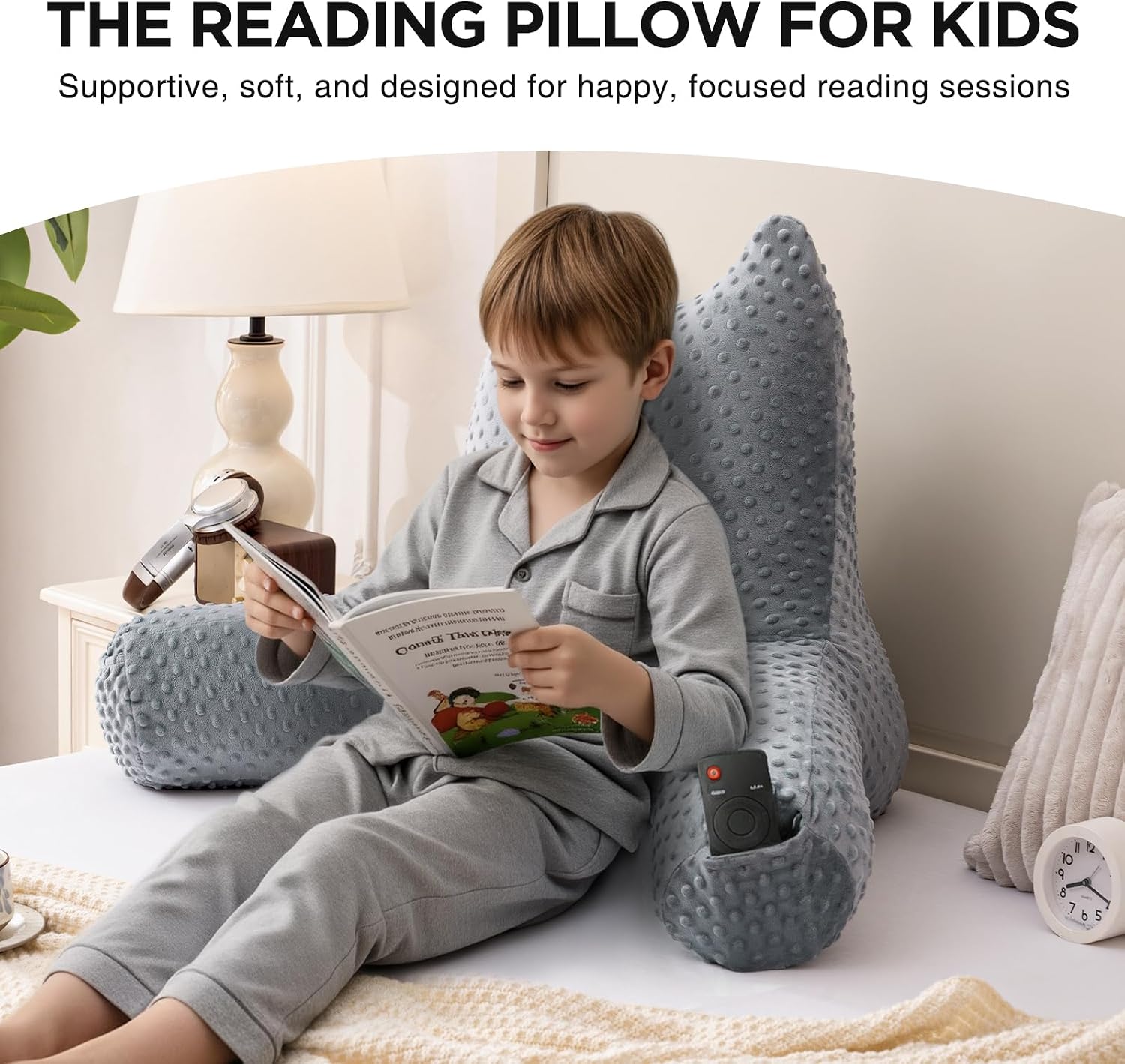 Reading Pillow for Kids Sitting in Bed Couch Adult, Back Pillow for Bed Sitting Up, Back-Rest Support Cushion with Pockets and Arms…