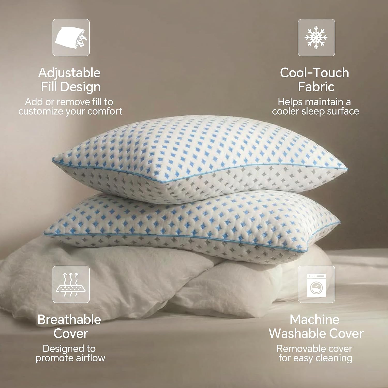 ezepilw Pillows Standard Size Set of 2 for Sleeping, Cooling Adjustable Memory Foam Pillows, Dual Fill Design Helps Maintain Shape,…