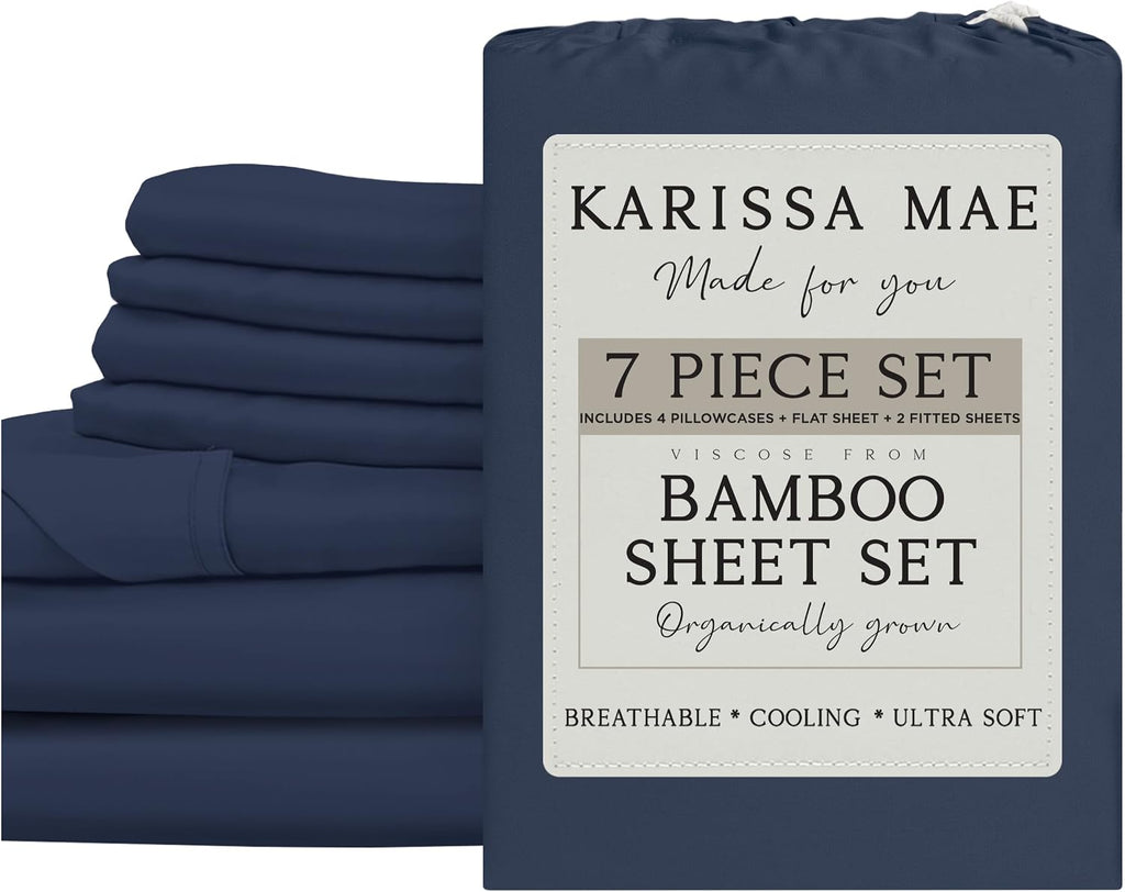 KARISSA MAE 7 Piece Pure Viscose from Bamboo Split King Size Sheet Set | 100% FSC Certified | Luxuriously Soft | Cooling | 18" Deep…