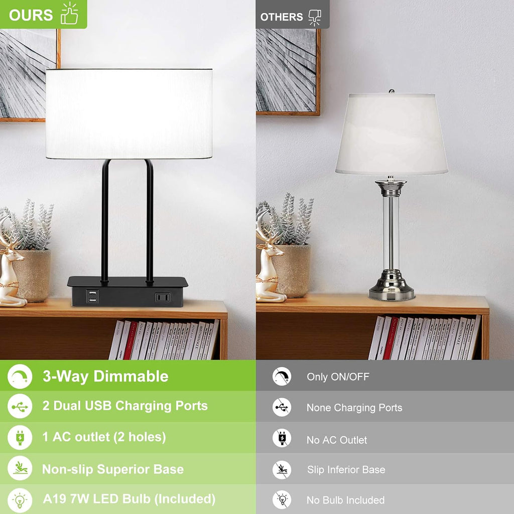 Bedside Touch Control Table Lamp with Dual USB Charging Ports 1 AC Outlet, 3 Way Dimmable Modern Nightstand Lamp with White Fabric Shade…