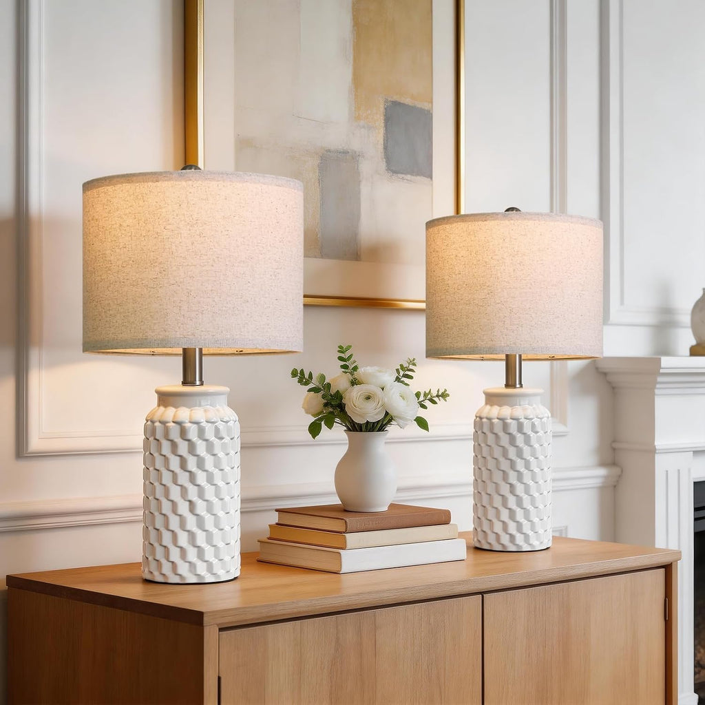20.5" Small Bedside Lamps Set of 2 with 5FT Cord, White Ceramic Modern Farmhouse Table Lamps for Nightstand, Living Room, Bedroom, 3D…