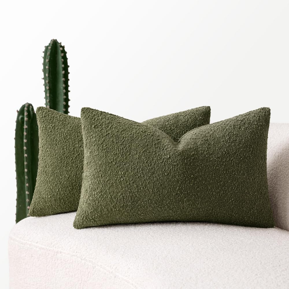 Miulee 12x20 Inch Decorative Lumbar Pillow Covers for Couch Bed Set of 2 Textured Boucle Neutral Spring Throw Pillow Covers Olive Moss Gree…