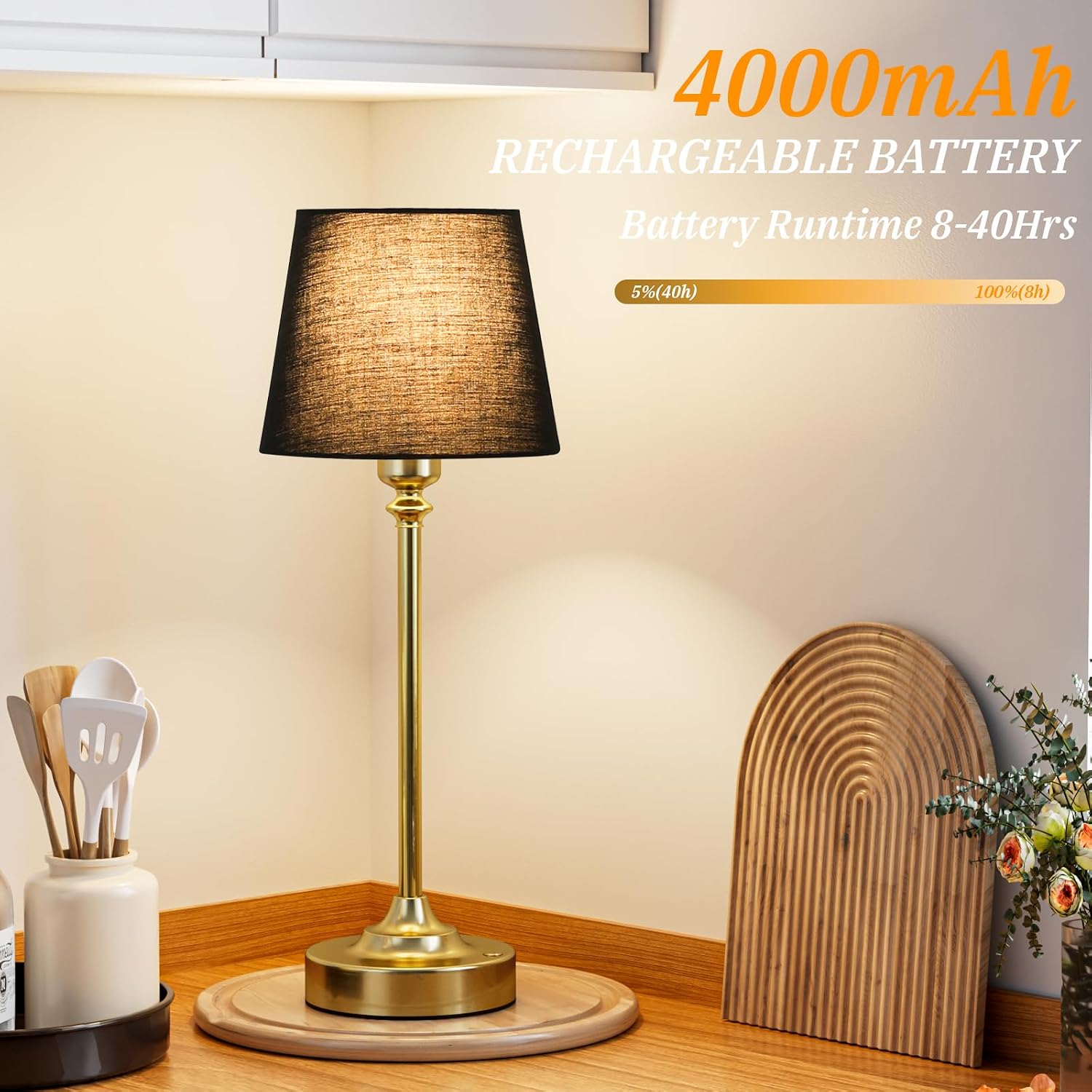 Kakanuo Cordless Table Lamps Rechargeable Set - 2 Pack Brass 4000mAH Battery Operated Lamps for Decor, 3000K Stepless Dimming Touch…