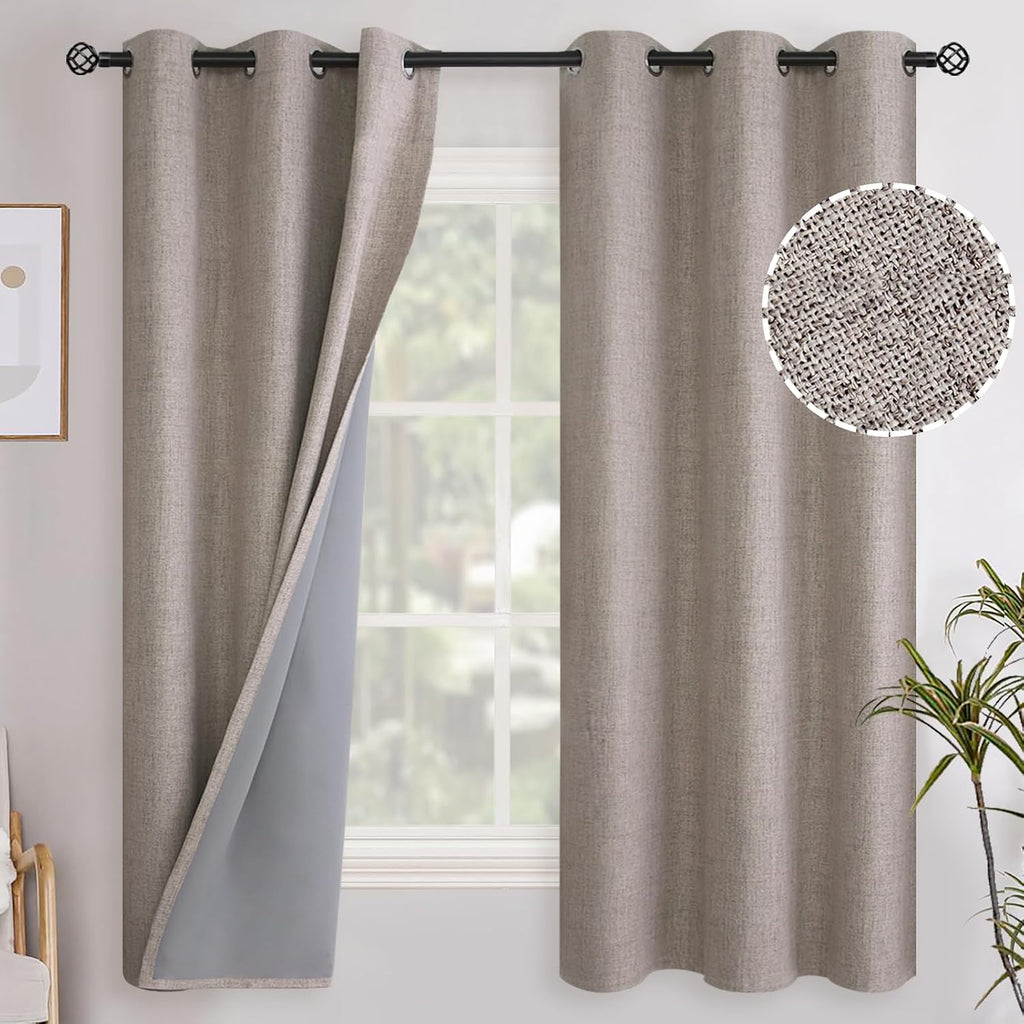 YoungsTex Burlap Linen Blackout Curtains 63 Inches Length, Full Room Darkening Grommet Linen Textured Drapes for Bedroom Living Room Therma…