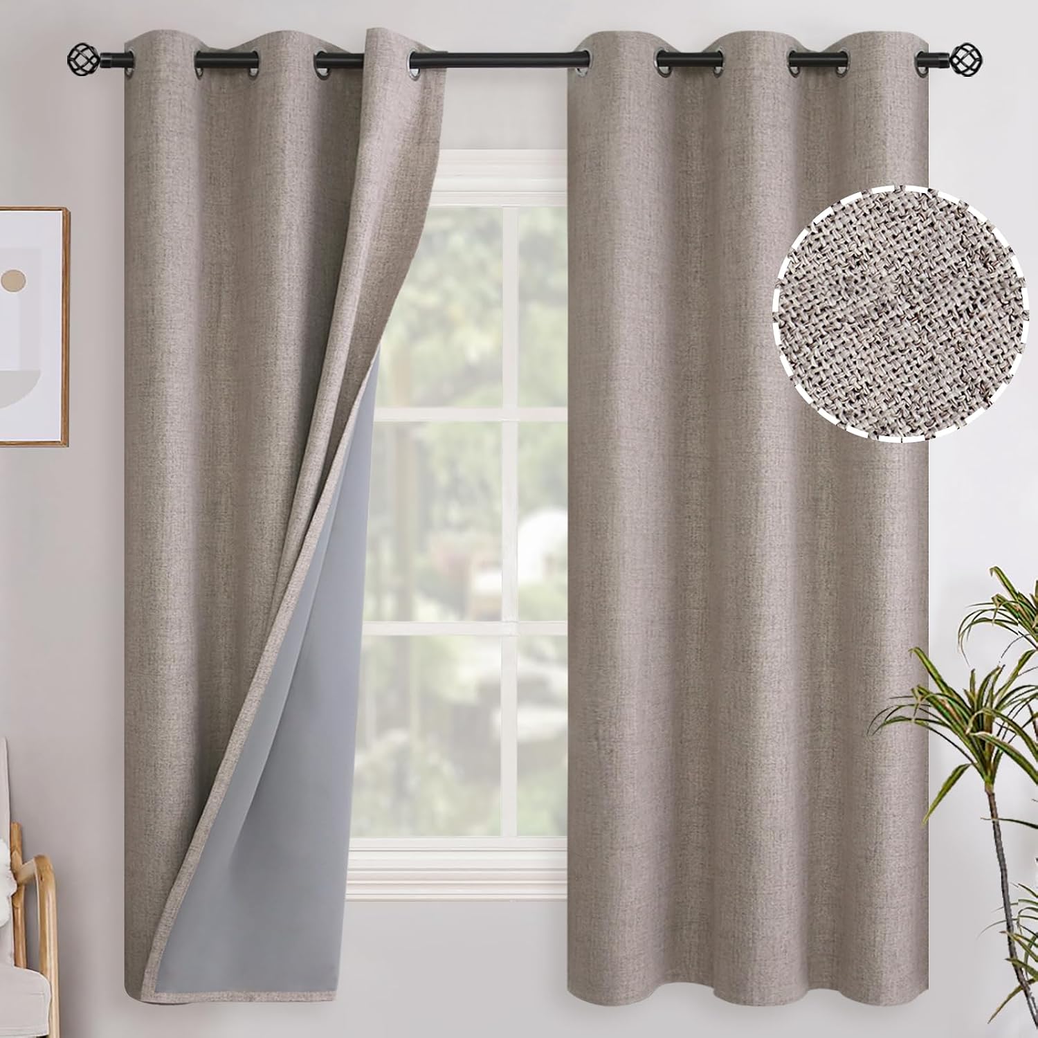 YoungsTex Burlap Linen Blackout Curtains 63 Inches Length, Full Room Darkening Grommet Linen Textured Drapes for Bedroom Living Room Therma…