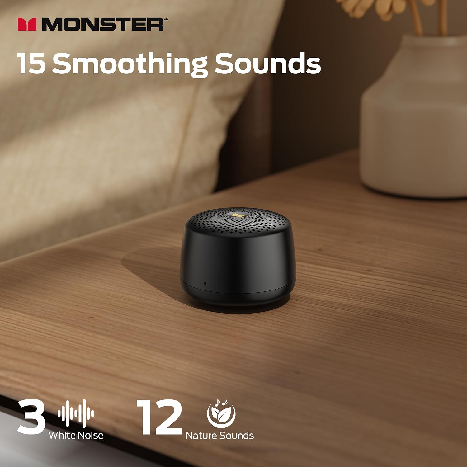 Monster Nano S36 Portable White Noise Machine with 15 Non-Looping Sleep Sounds, Bluetooth 6.0, Mini, Rechargeable Battery, Timer & Memory…