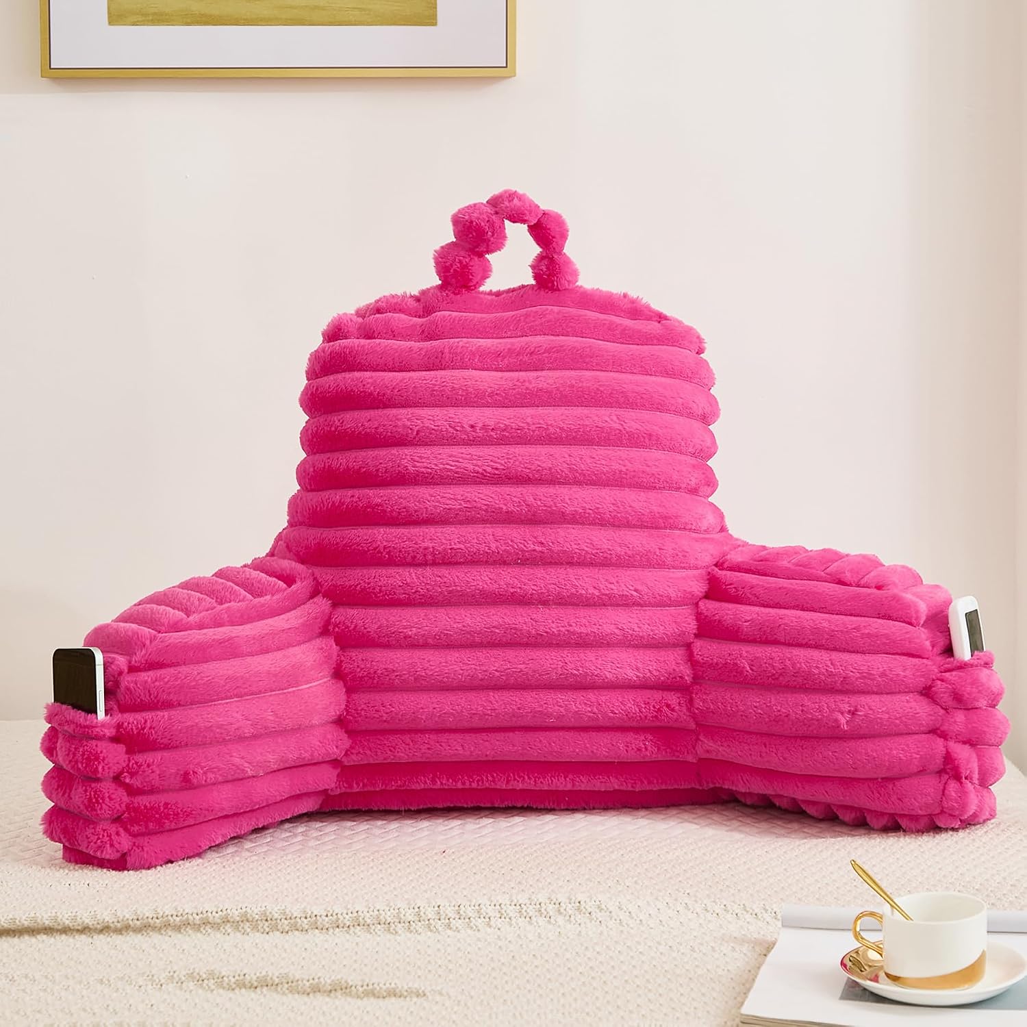 Memfydu Faux Fur Fluffy Hot Pink Reading Pillow with Pockets, Luxury Striped Plush Decorative, Arm Rests and Back Support for Bed Rest, Lou…