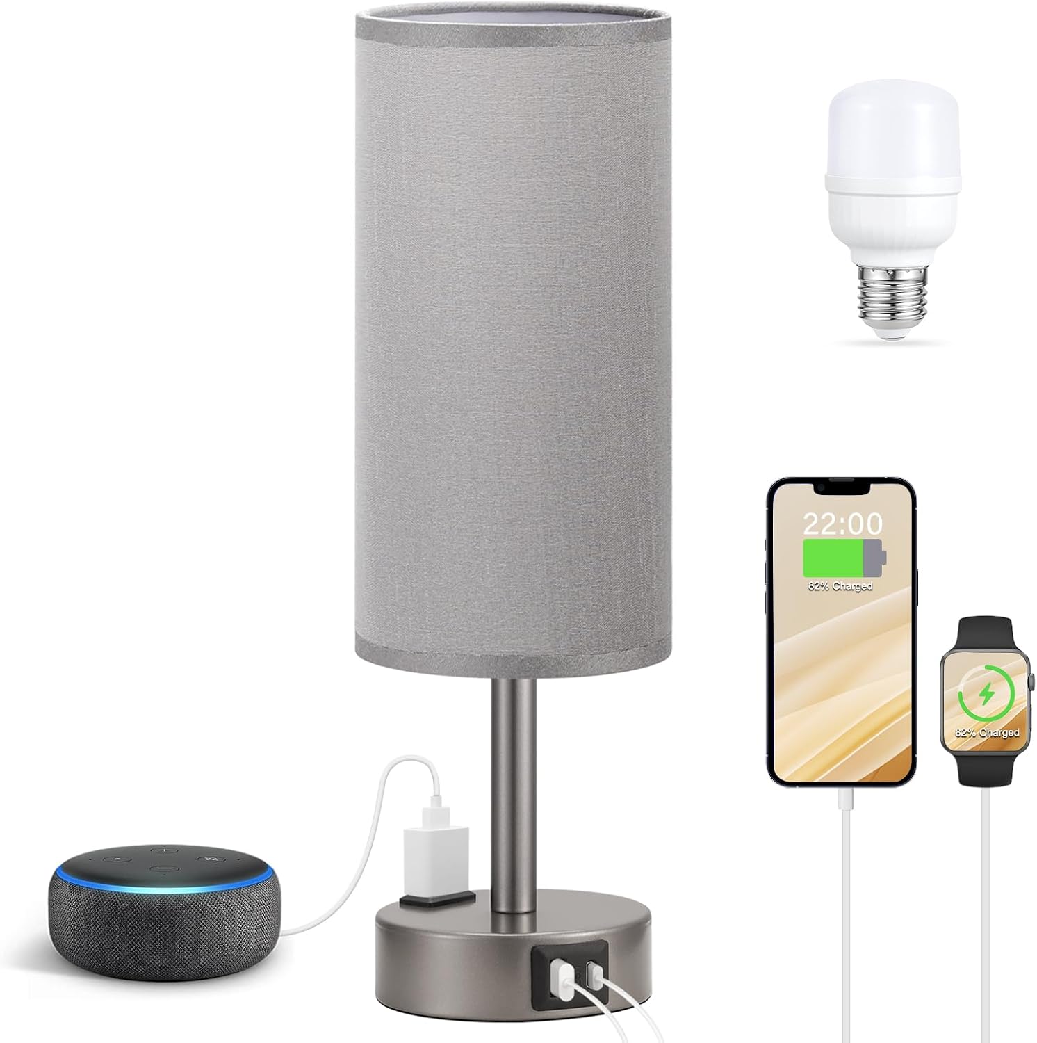Fenmzee Grey Bedside Table Lamp for Bedroom - 3 Way Dimmable Touch Lamp USB C Charging Ports and AC Outlet, Small Lamp for Living Room…