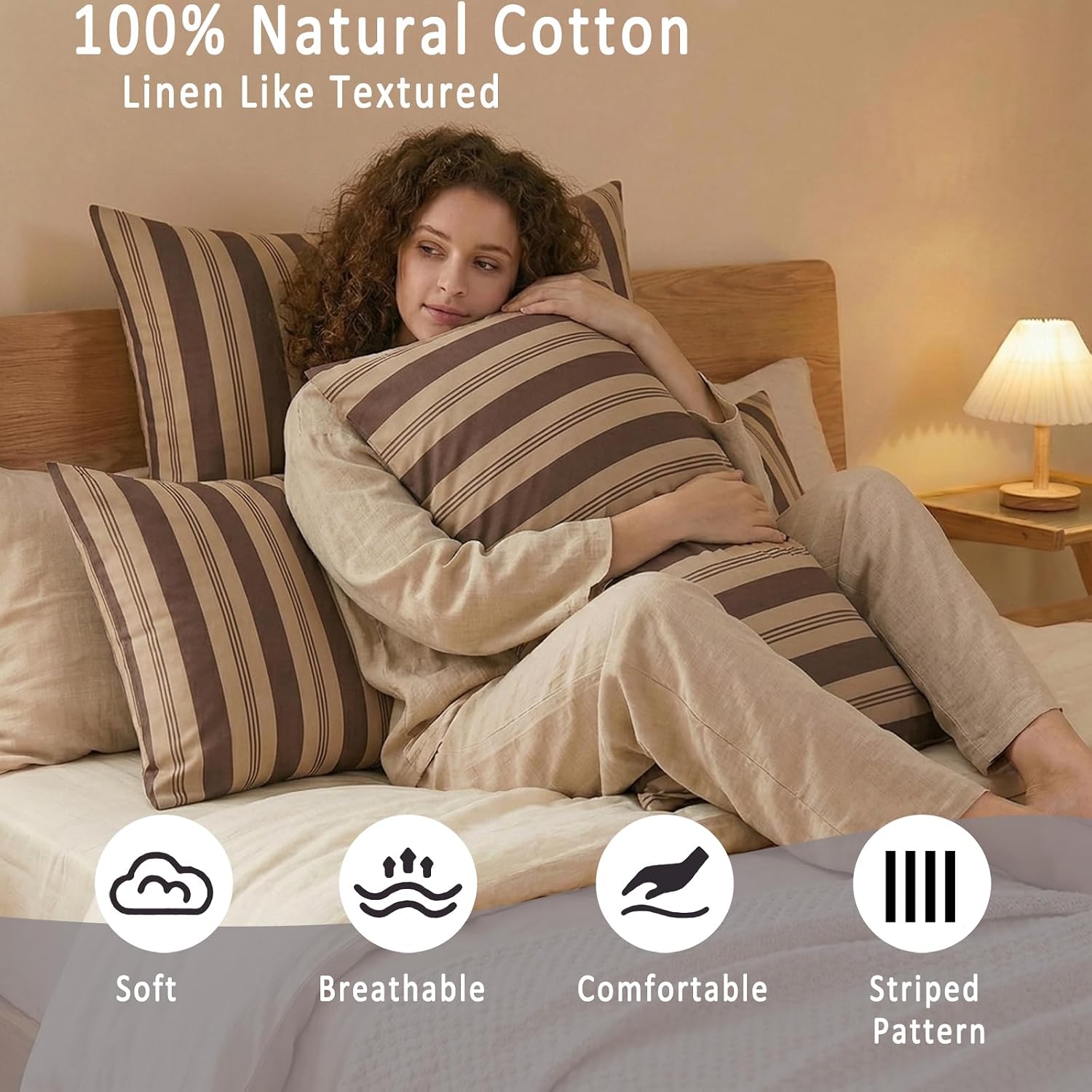 Merryword Brown Striped Pillowcases, 100% Cotton Pillow Cases, Standard Size Pillowcases, Luxury Linen Like Pillowcase, Soft Breathable Str…