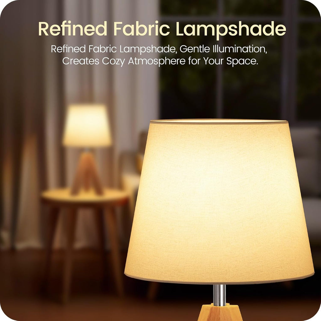 Small Tripod Table Lamp, Modern Nightstand Lamp with Fabric Shade, Boho Bedside Wood Desk Light for Bedroom, Kids Room, Living Room…