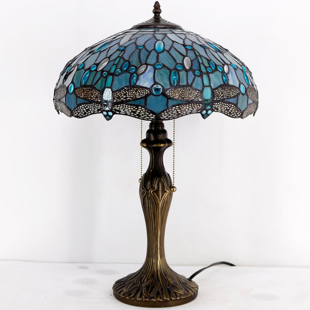 WERFACTORY Tiffany Lamp Sea Blue Stained Glass Bedside Table Lamp Dragonfly Style Desk Reading Light Metal Base 16X16X24 Inches Decor…