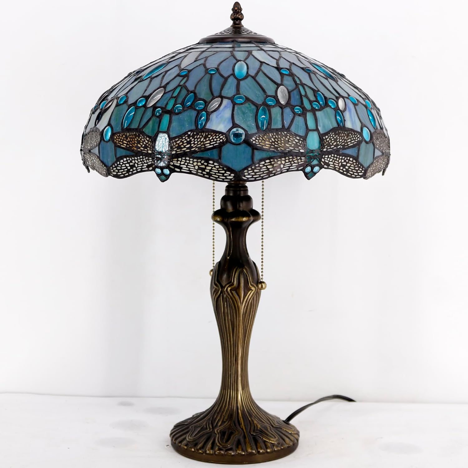 WERFACTORY Tiffany Lamp Sea Blue Stained Glass Bedside Table Lamp Dragonfly Style Desk Reading Light Metal Base 16X16X24 Inches Decor…