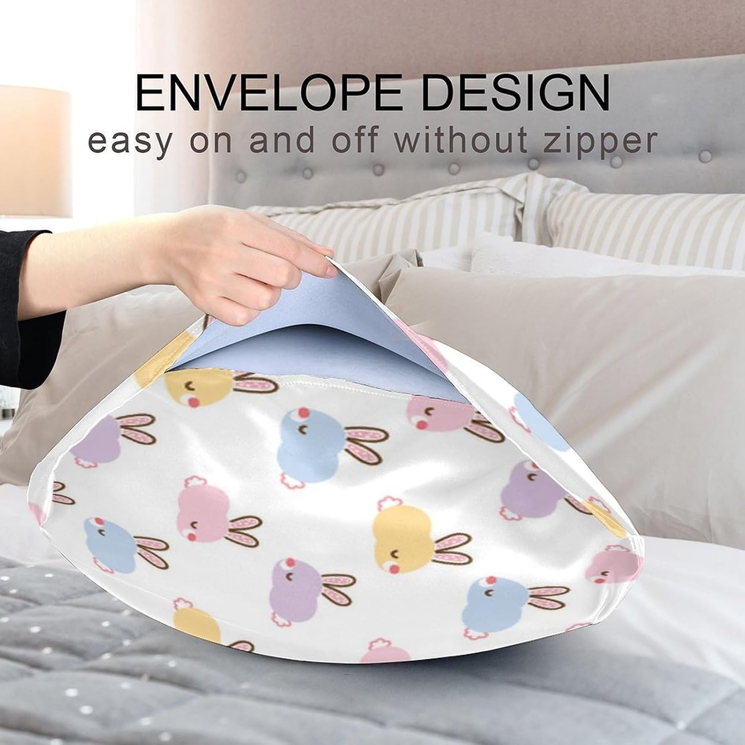 Cute Bunny Satin Pillowcase for Hair and Skin, Silk Pillow Case Soft and Cozy Body Pillow Covers Standard Size with Envelope Closure…