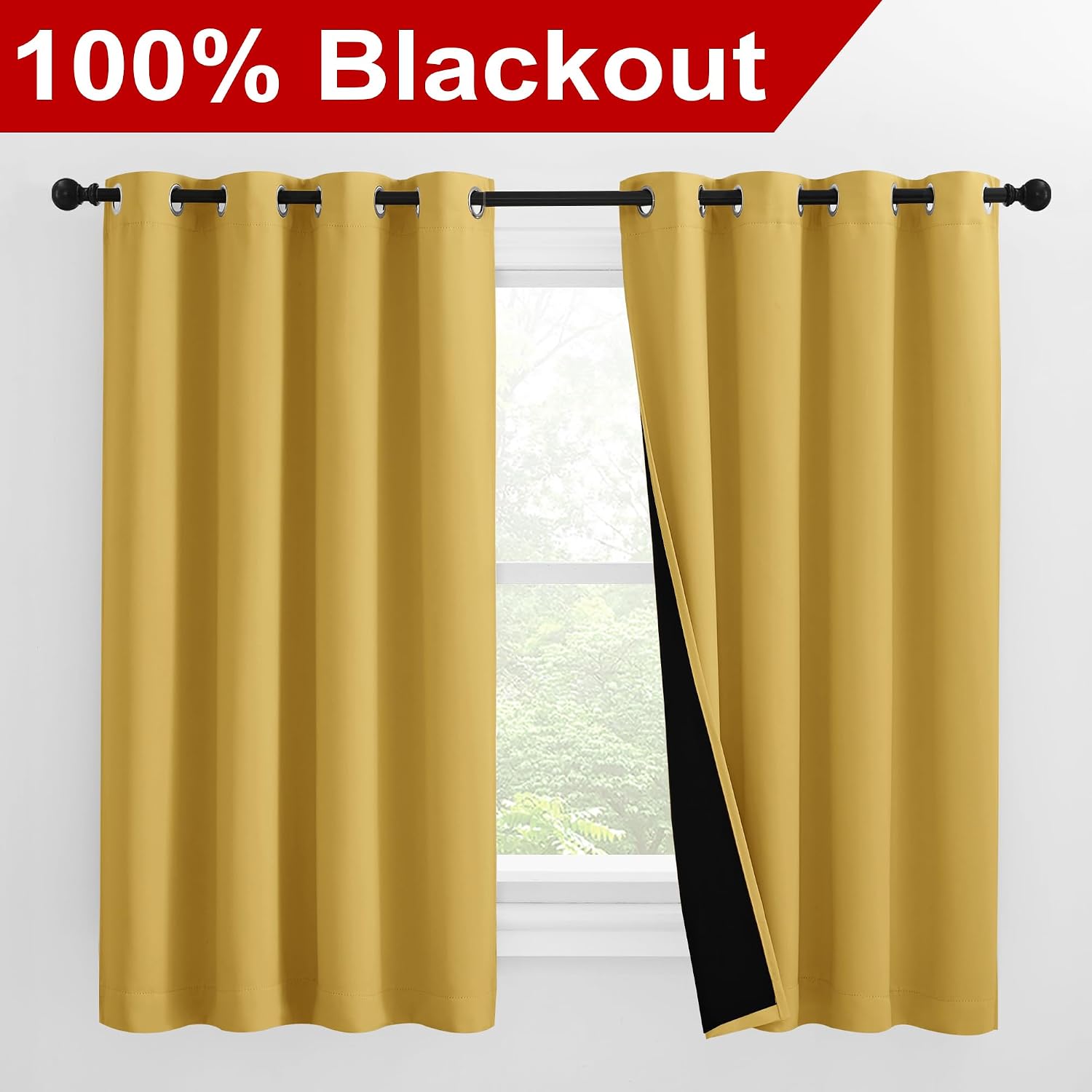 Nicetown 100% Blackout Curtains with Black Liners, Thermal Insulated Full Blackout 2-Layer Lined Drapes, Noise Cancellation Window Draperie…