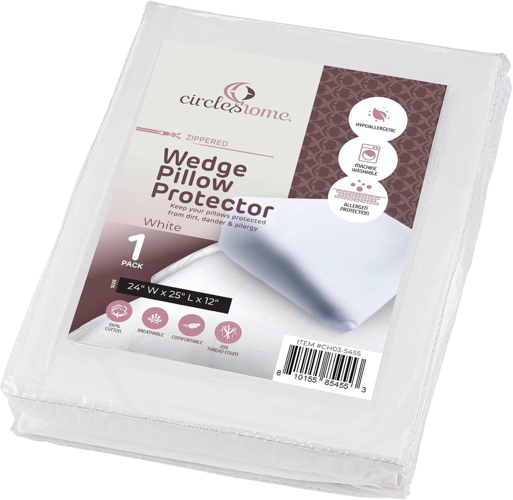 CirclesHome Wedge Pillow Cover 100% Cotton, Zippered Wedge Pillow Case Protector, Soft, Hypoallergenic & Breathable - White, (24Wx25Lx12) 1…
