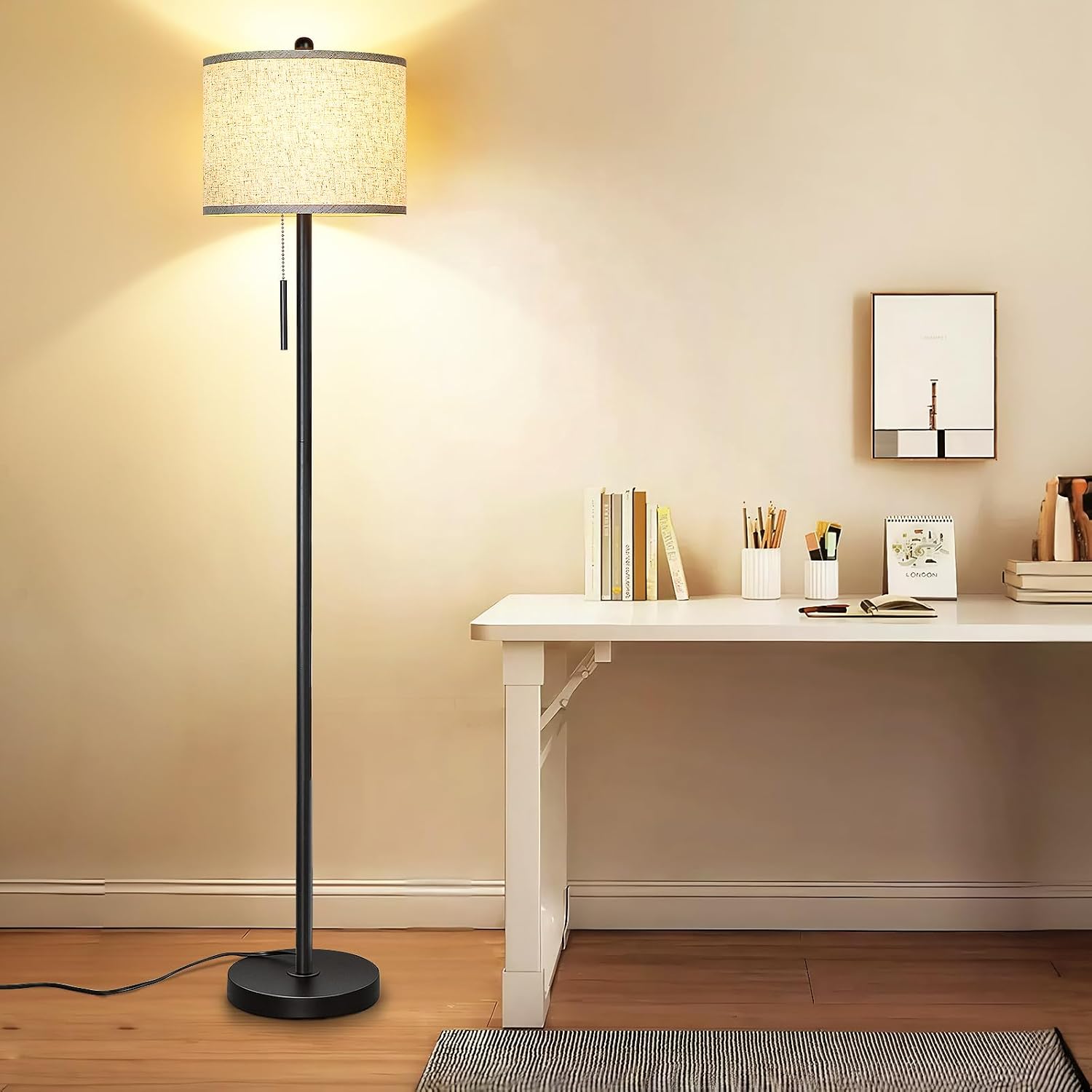 Qingmiao Floor Lamp for Living Room, 63in Black Standing Lamp, 3-Way Dimmable Floor Lamp for Bedroom, Tall Lamp with White Linen Shade…